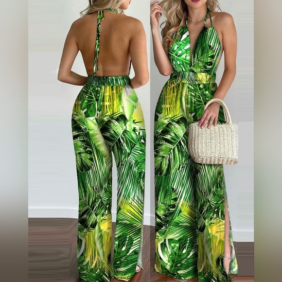 Tropical Print Split Hem Halter Backless Jumpsuit Size Medium - Picture 1 of 3